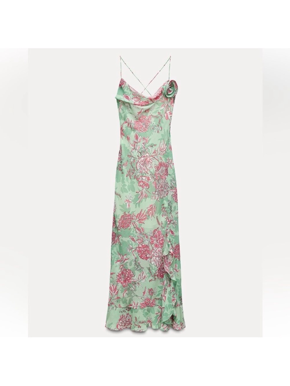 Zara Mint Slip Maxi Dress with Pink Floral Print